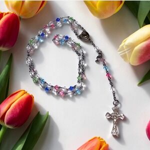 Vtg Sterling Silver Multicolored Swarovski Crystal Bead Rosary Crucifix